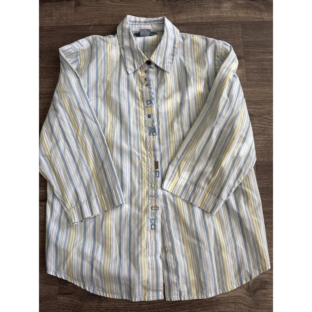 Koret Striped Button Down Shirt Blue Yellow Embroidered Beaded Womens Small